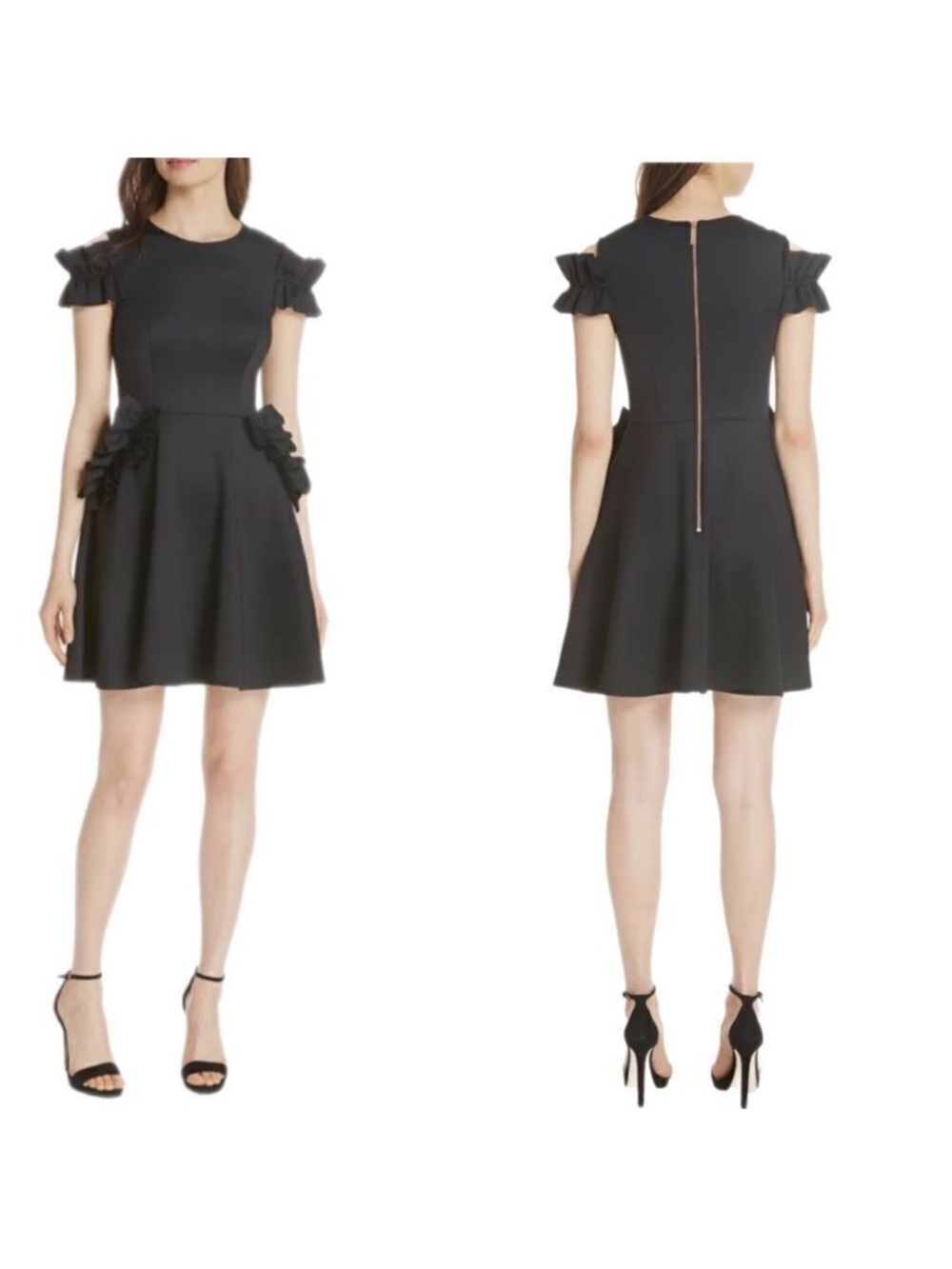 Ted Baker Black Ruffle-Sleeve Fit & Flare Dress